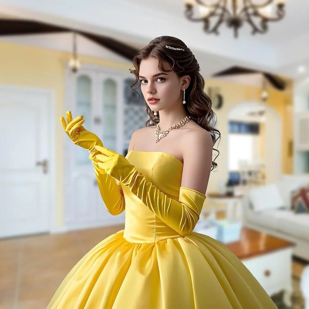 Women's Yellow Long Satin Opera Fabric Gloves Party Tea Stretchy Elbow Length